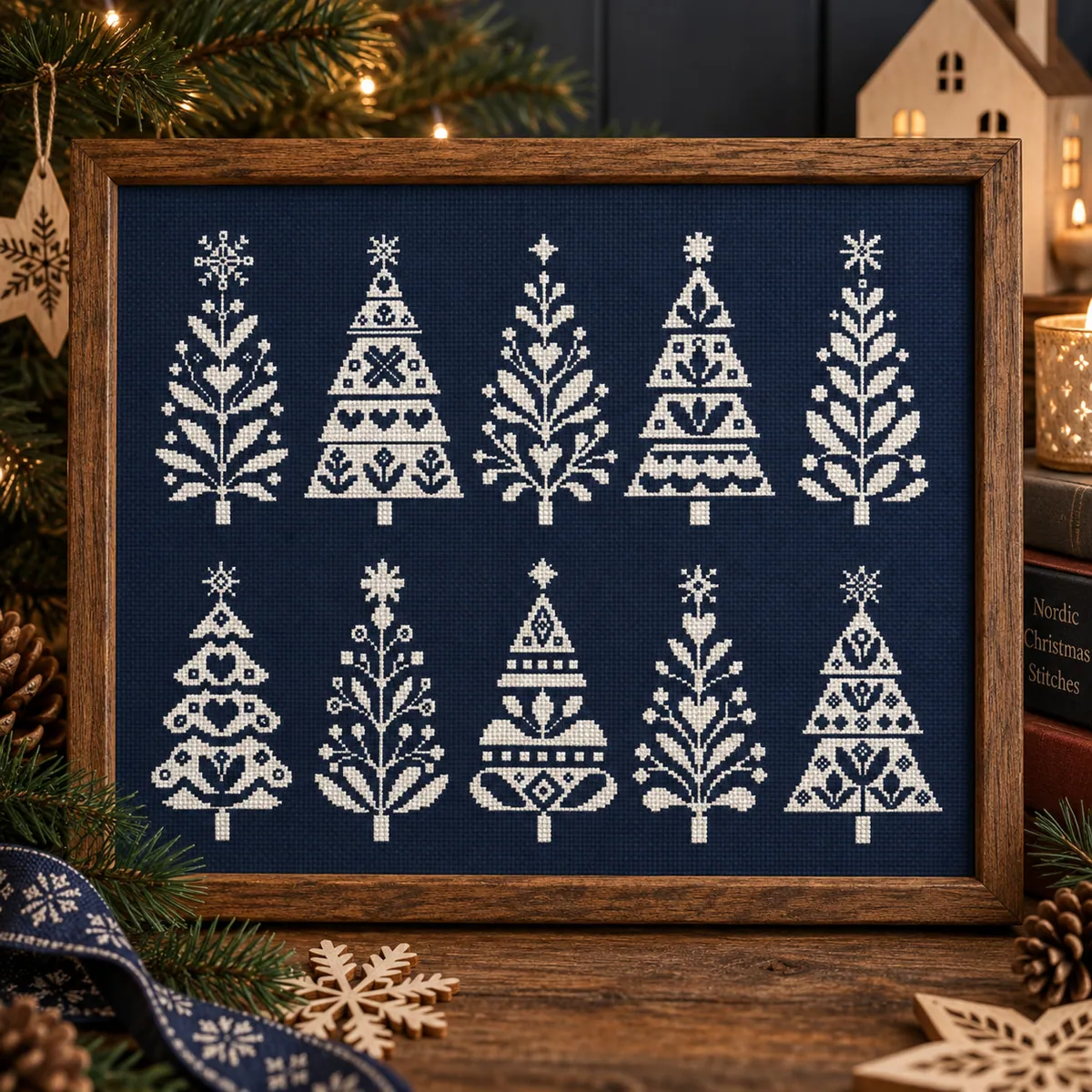 Stitch Jam Studio counted cross-stitch pattern: 10 Nordic Christmas Trees Set