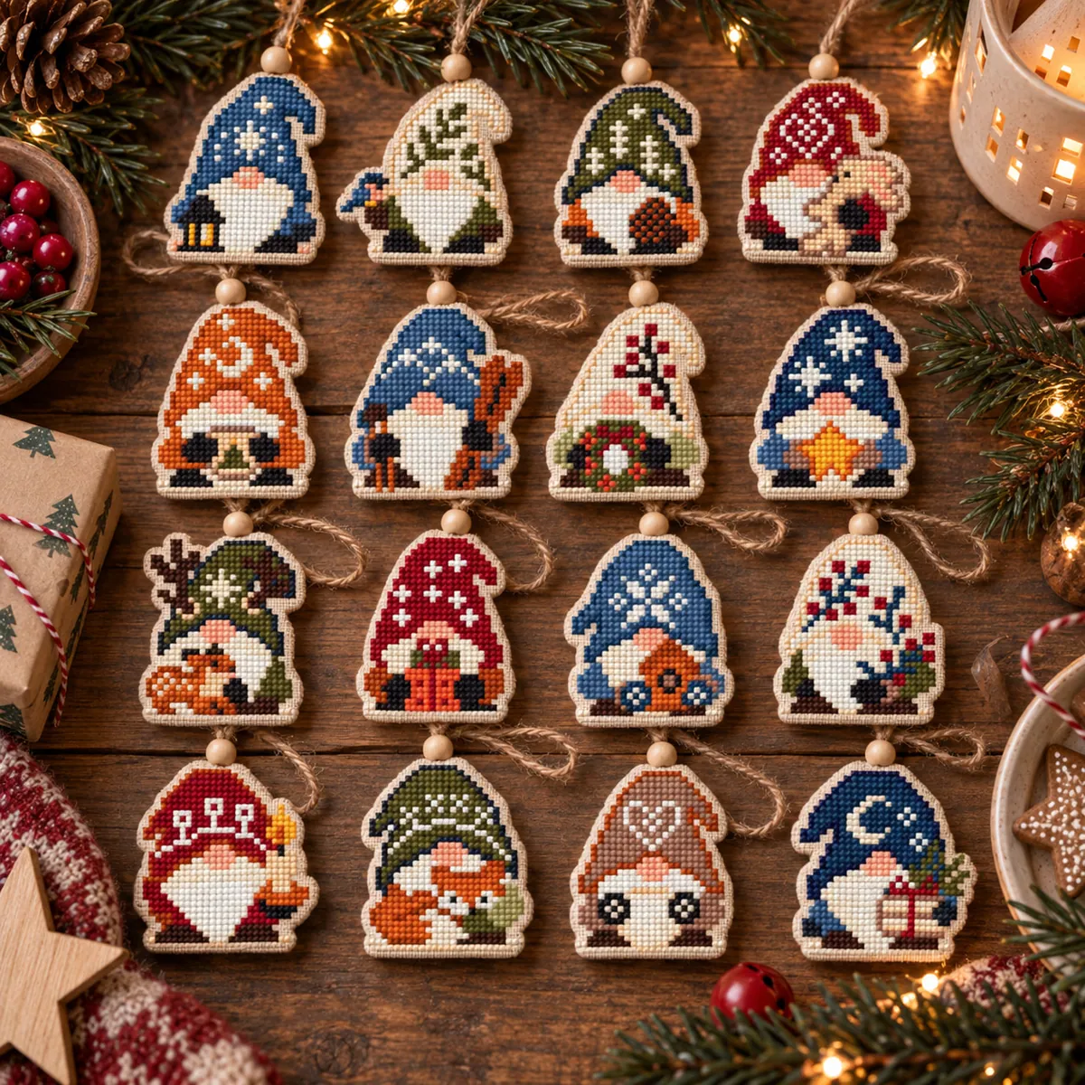 Preview 3 of 16 Mini Christmas Gnomes Ornaments Set
