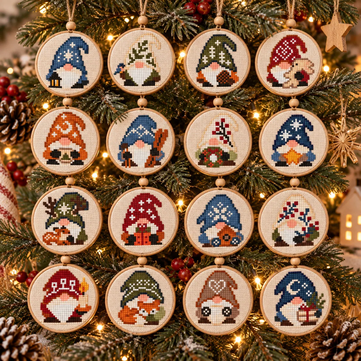 Stitch Jam Studio counted cross-stitch pattern: 16 Mini Christmas Gnomes Ornaments Set
