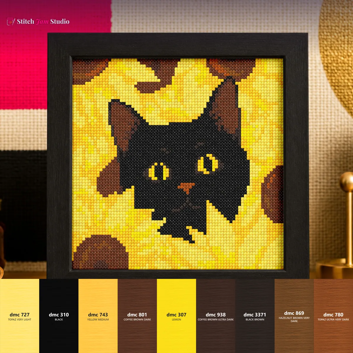 Black cat in sunflowers — counted cross-stitch pattern by Stitch Jam Studio