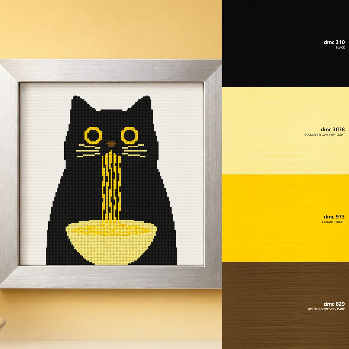 Black cat with noodles — counted cross-stitch pattern by Stitch Jam Studio