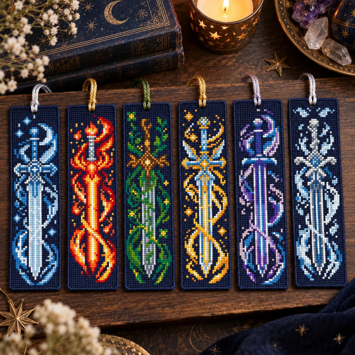 Stitch Jam Studio counted cross-stitch pattern: Bookmarks Six Elemental Swords