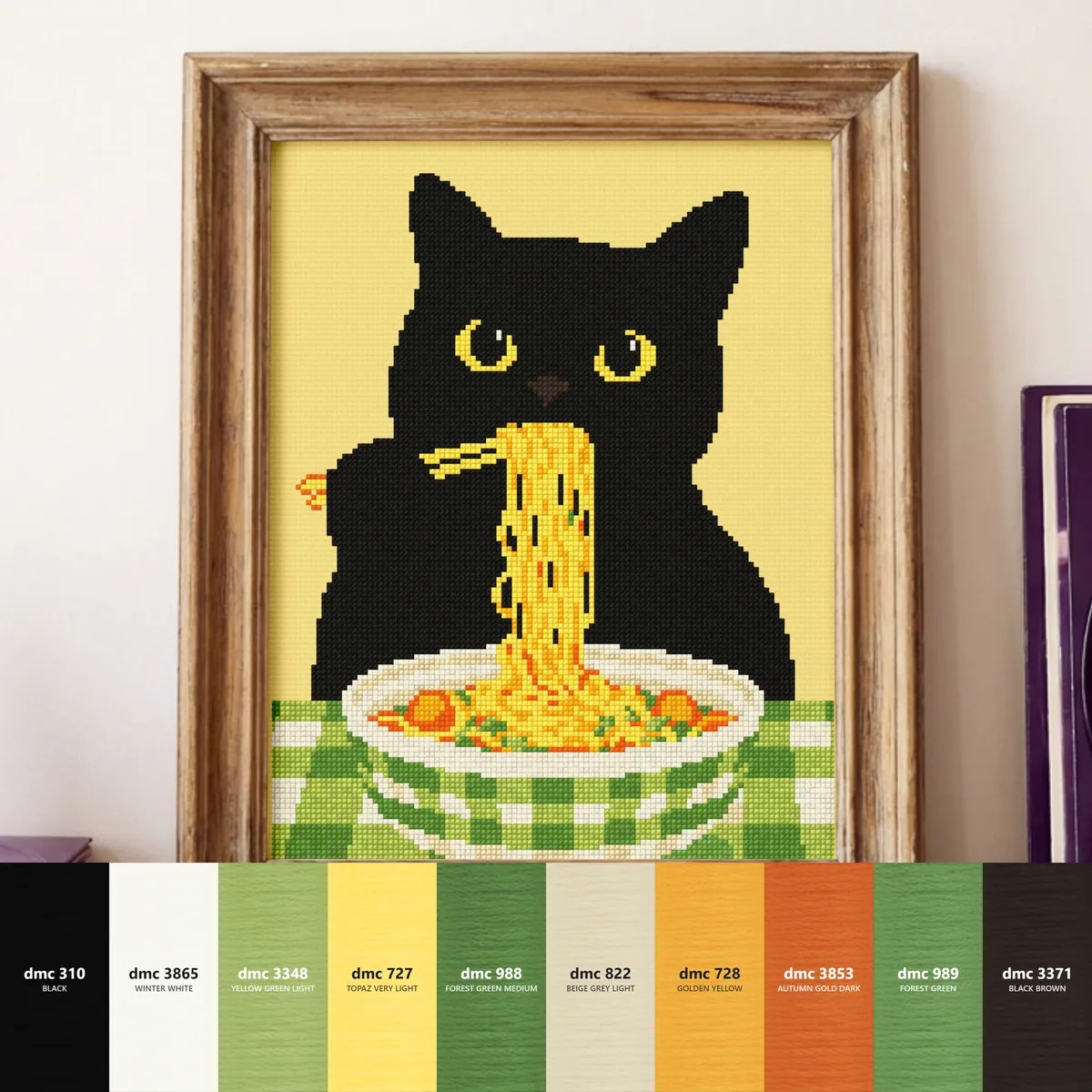 Cat eats Ramen — counted cross-stitch pattern by Stitch Jam Studio