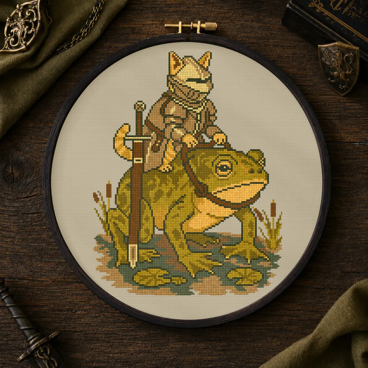 Stitch Jam Studio counted cross-stitch pattern: Cat Knight Riding a Frog