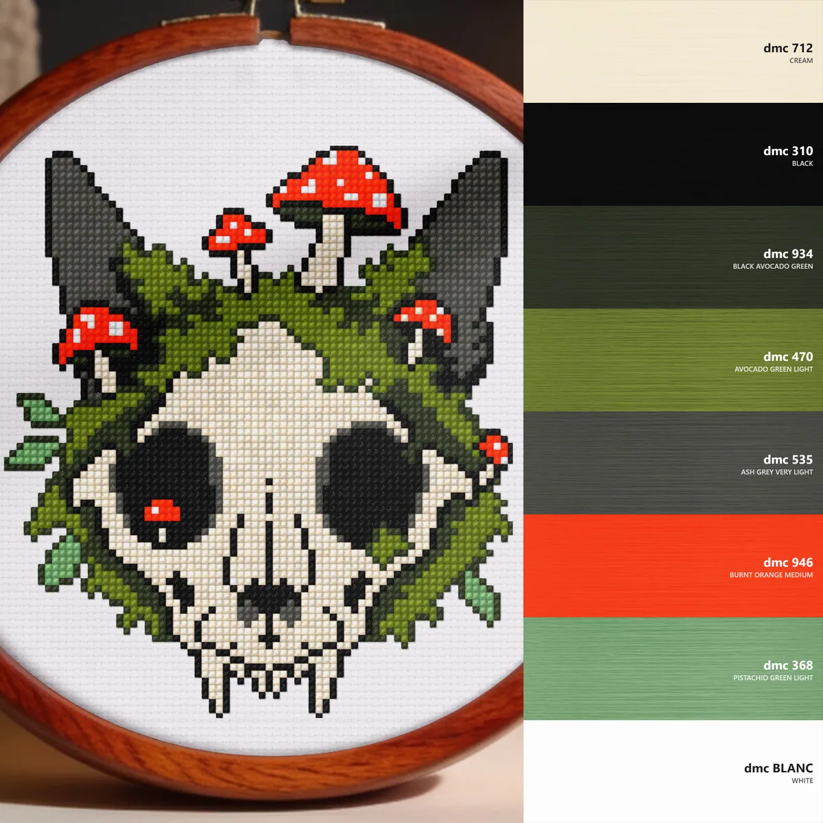 Cat Skull and Mushrooms — counted cross-stitch pattern by Stitch Jam Studio