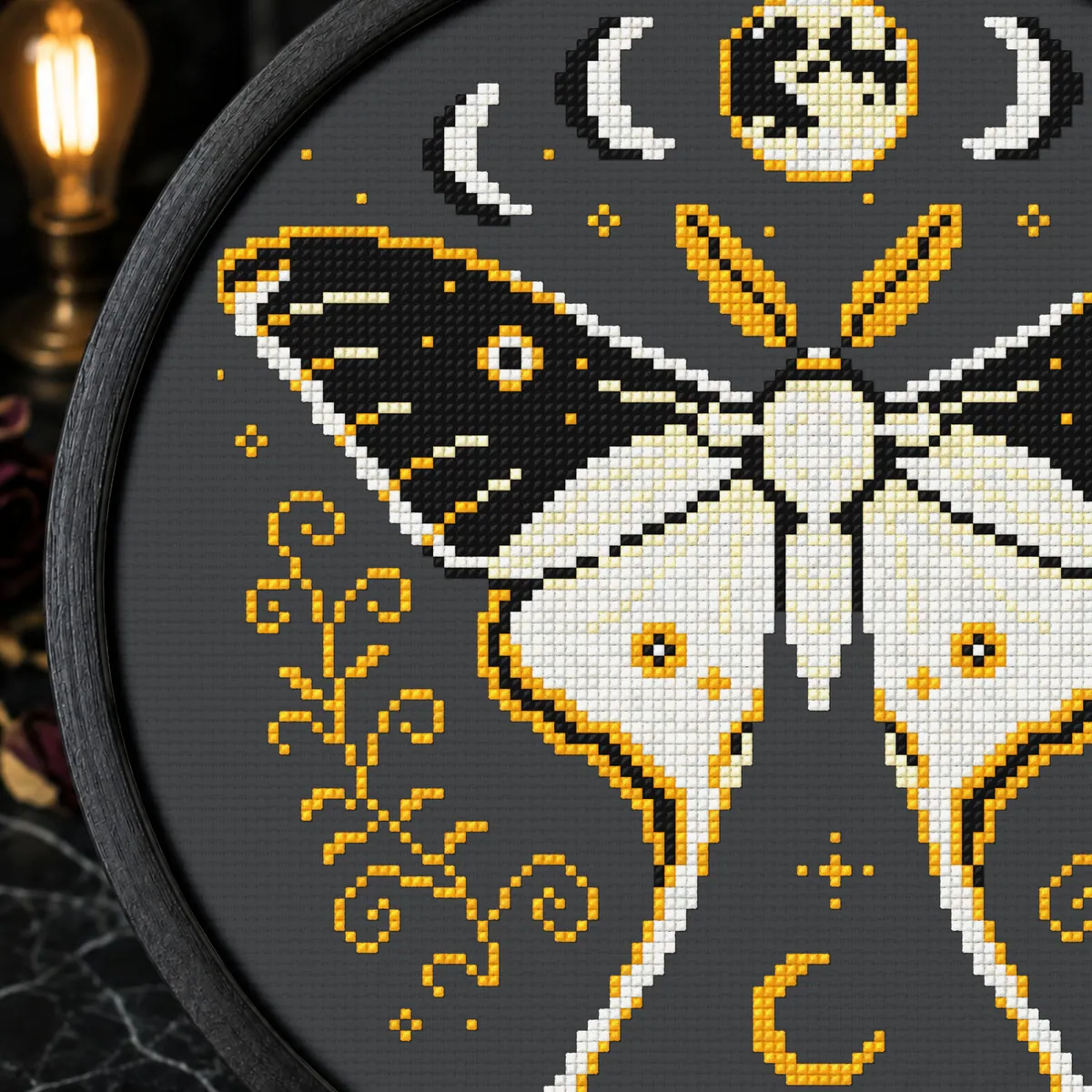 Celestial Moth and Moon Phases — counted cross-stitch pattern by Stitch Jam Studio