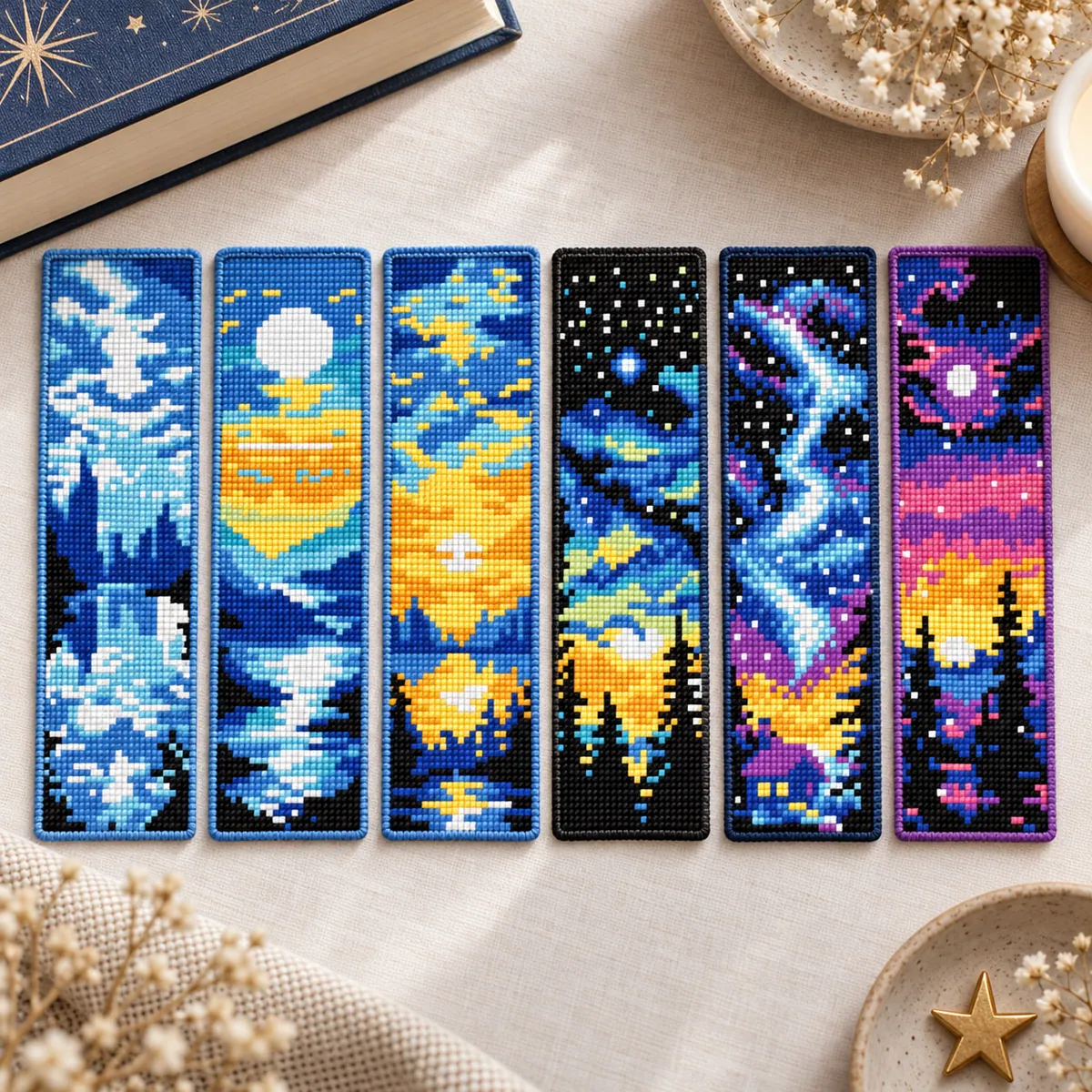 Stitch Jam Studio counted cross-stitch pattern: Celestial Sunset Skies Bookmark Set
