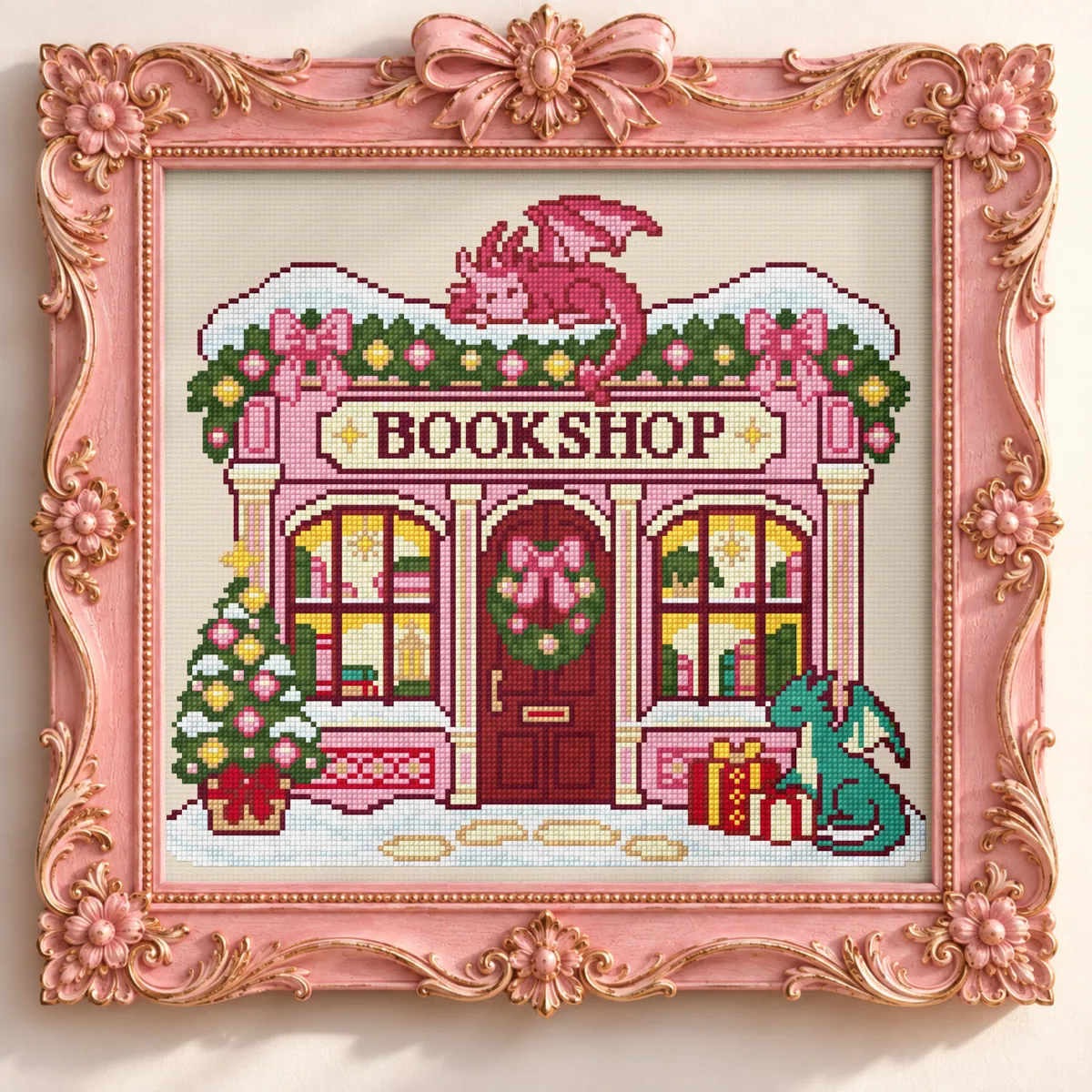 Stitch Jam Studio counted cross-stitch pattern: Christmas fantasy dragons book shop