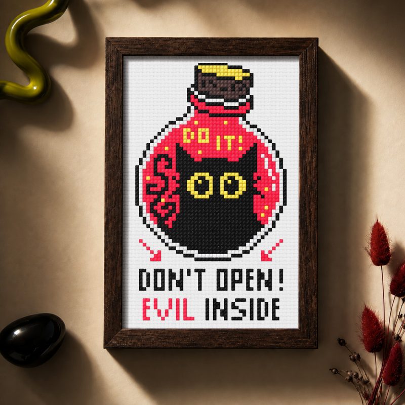 Don't Open — Evil Inside — counted cross-stitch pattern by Stitch Jam Studio