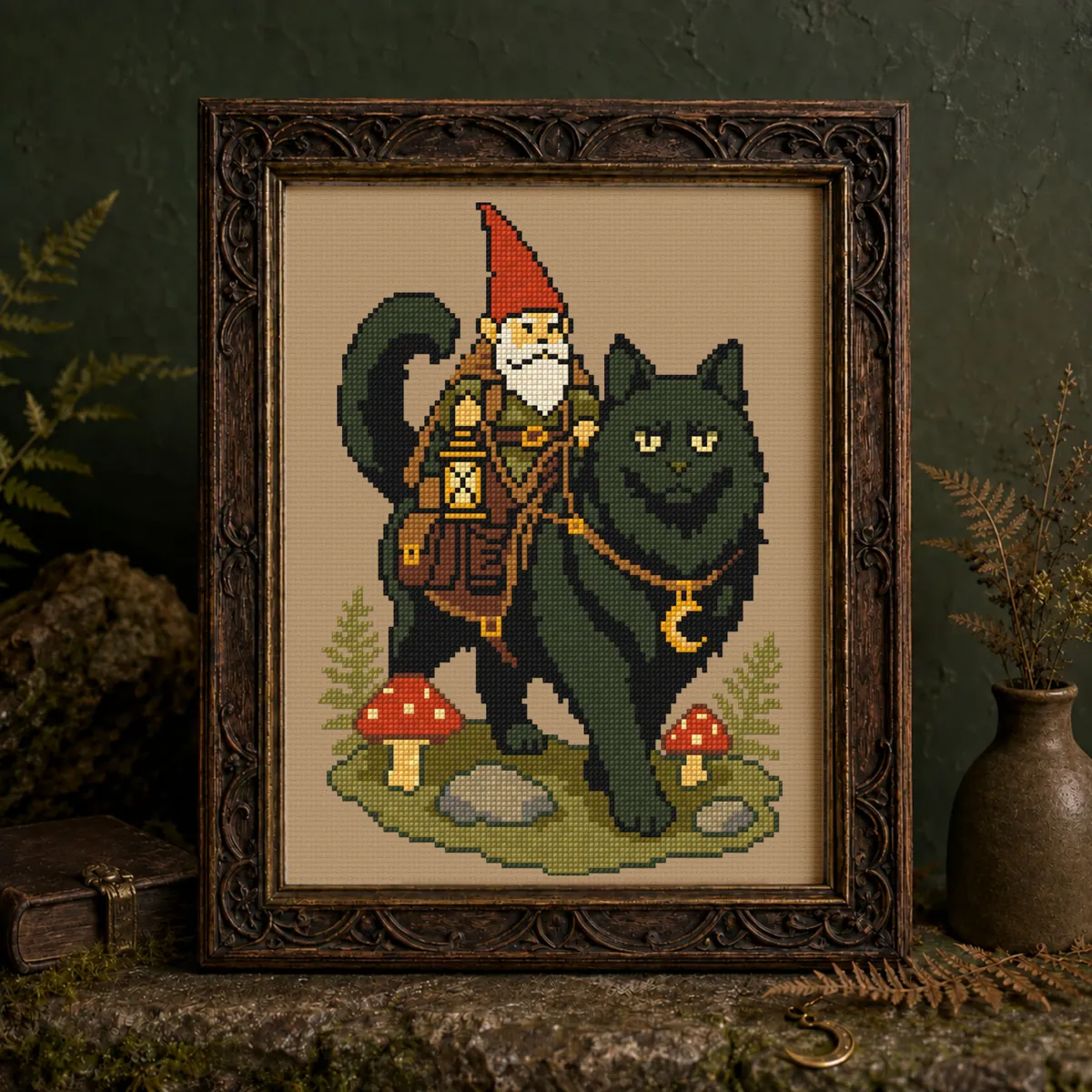 Stitch Jam Studio counted cross-stitch pattern: Fantasy Gnome and a Black Cat