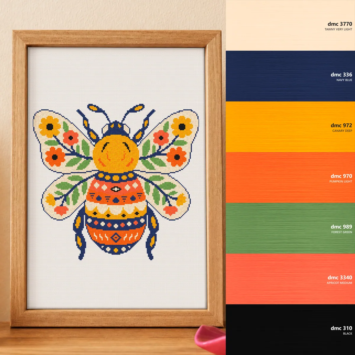 Folk Art Bee — counted cross-stitch pattern by Stitch Jam Studio