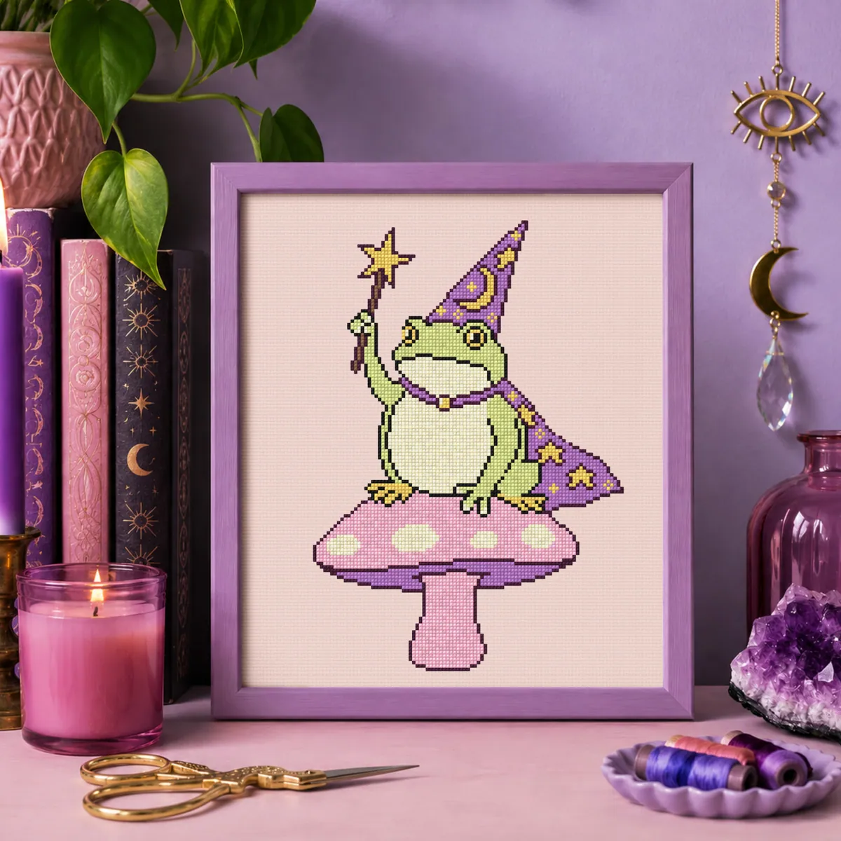 Stitch Jam Studio counted cross-stitch pattern: Frog wizard on mushroom