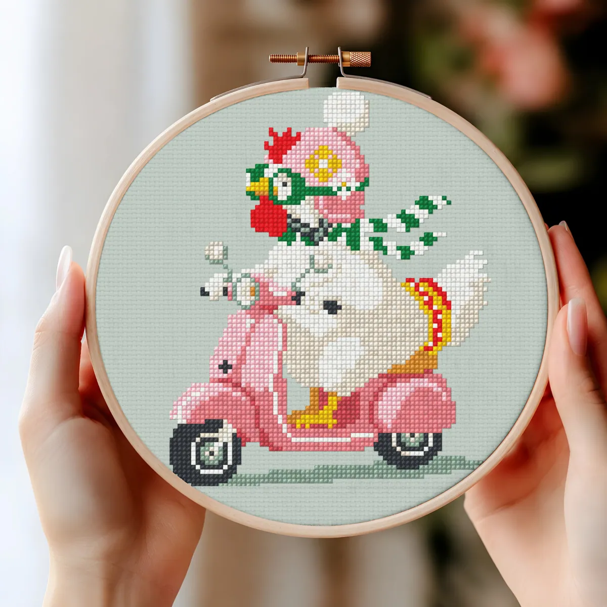 Stitch Jam Studio counted cross-stitch pattern: Funny chicken in a pink helmet