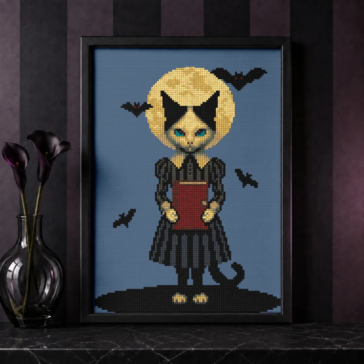 Stitch Jam Studio counted cross-stitch pattern: Gothic Cat Librarian. Keeper of Forbidden Books