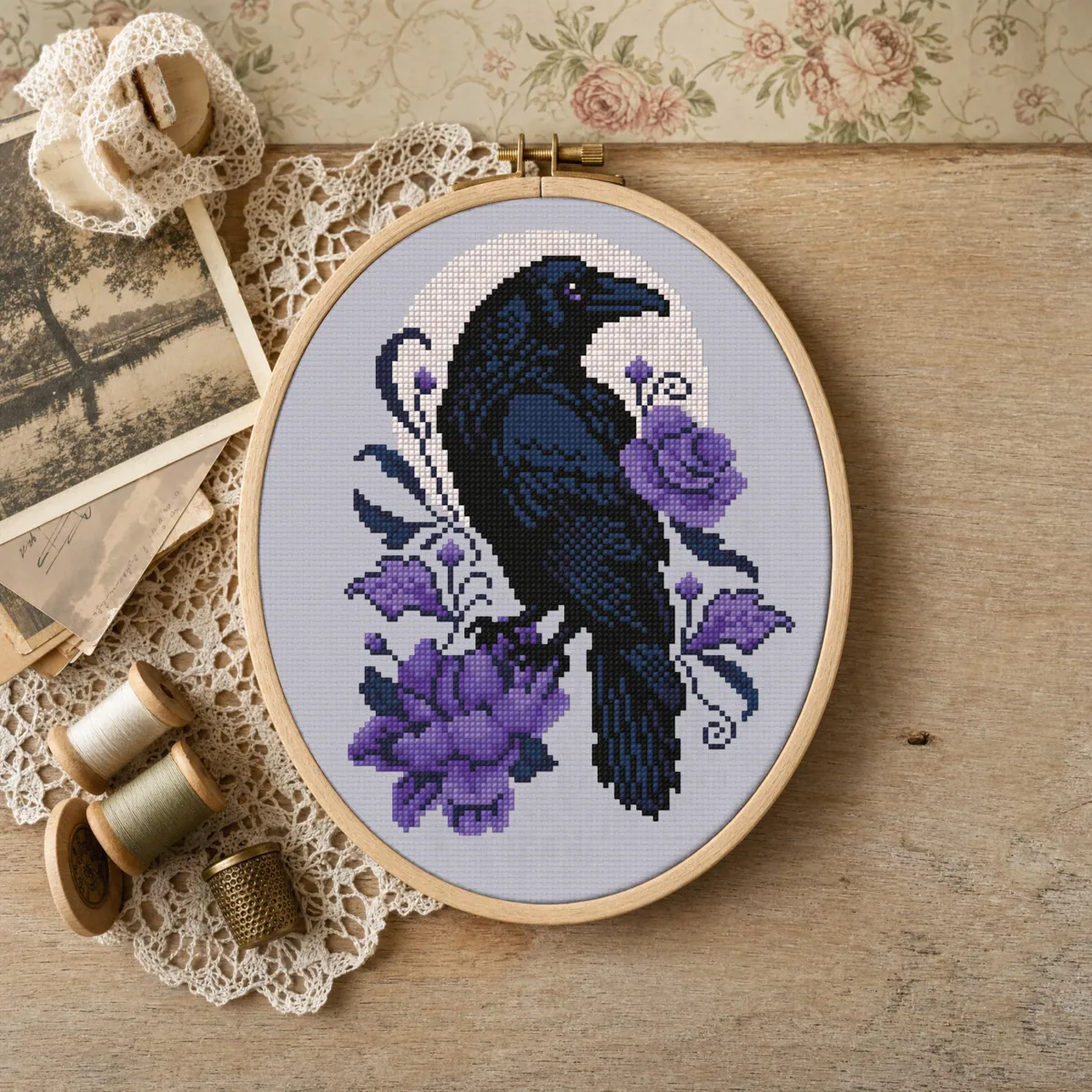 Gothic Midnight Raven and Purple Roses — counted cross-stitch pattern by Stitch Jam Studio