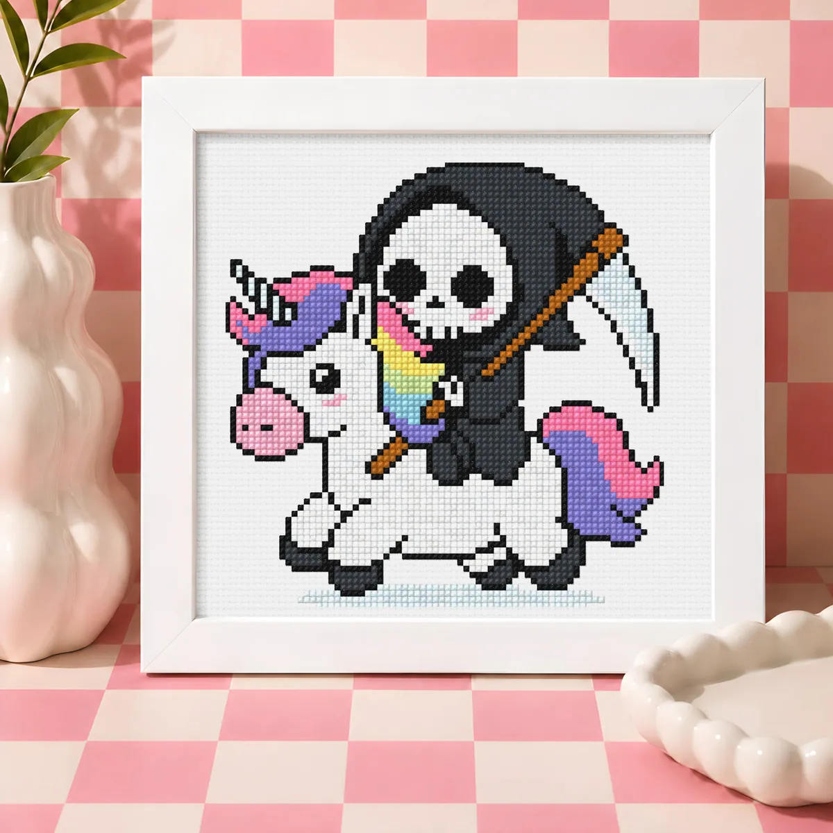 Grim Reaper Riding a Unicorn — counted cross-stitch pattern by Stitch Jam Studio