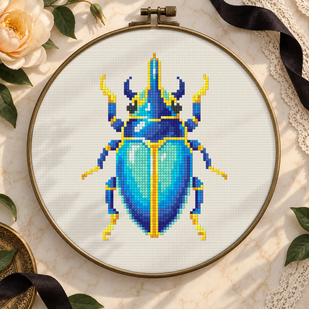 Stitch Jam Studio counted cross-stitch pattern: Hercules Beetle Brooch