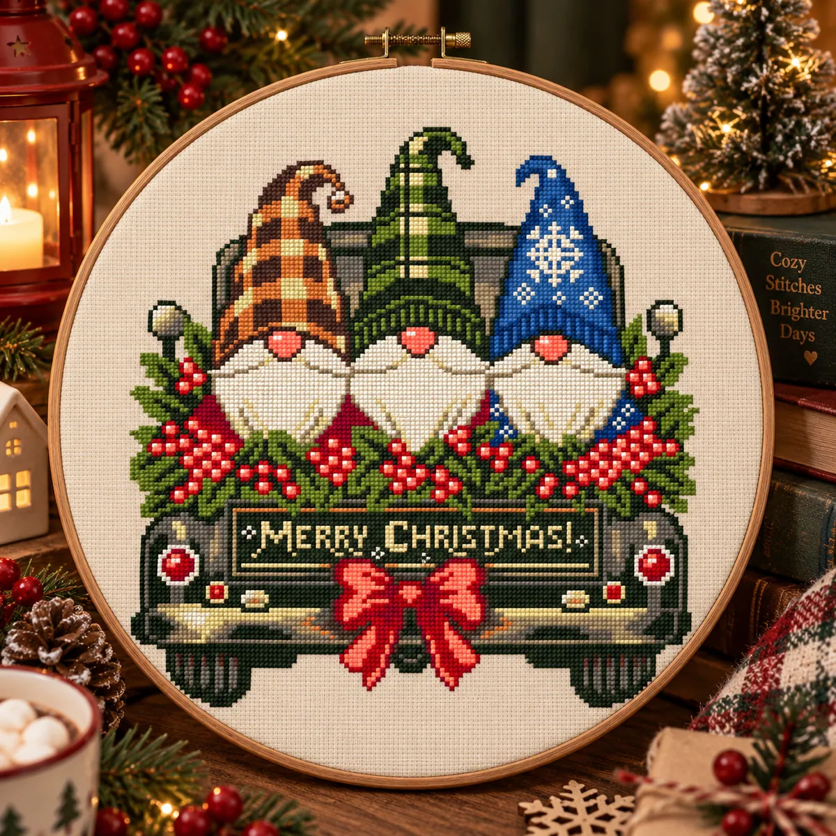 Stitch Jam Studio counted cross-stitch pattern: Holiday Gnomes in Truck