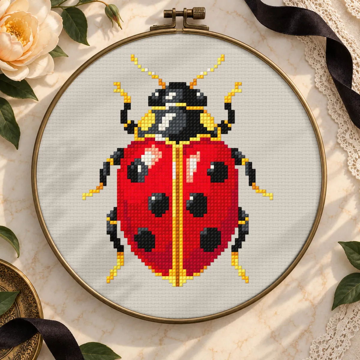 Stitch Jam Studio counted cross-stitch pattern: Lady Bug Brooch