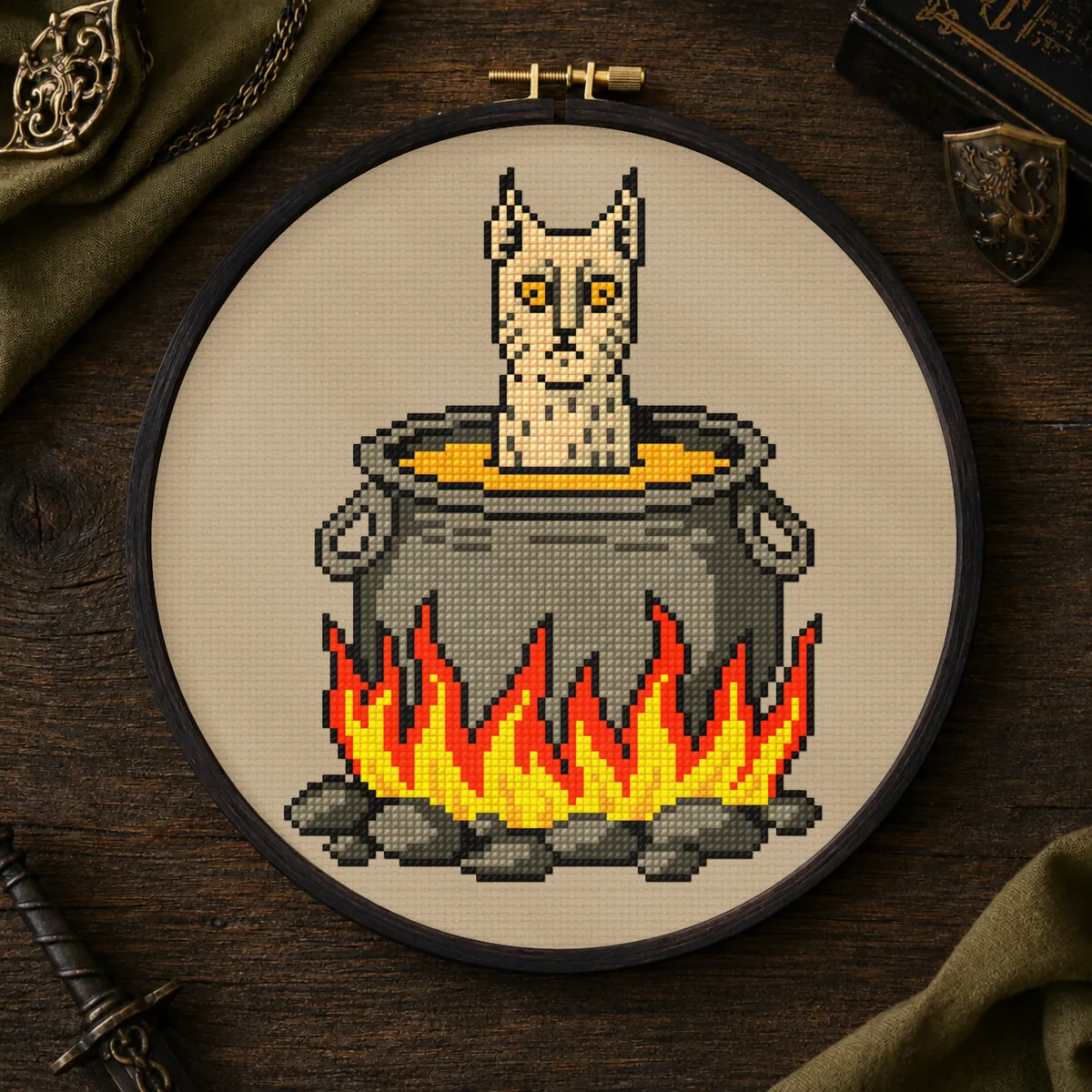 Stitch Jam Studio counted cross-stitch pattern: Medieval Cat in Hot Water - boiled but moisturized
