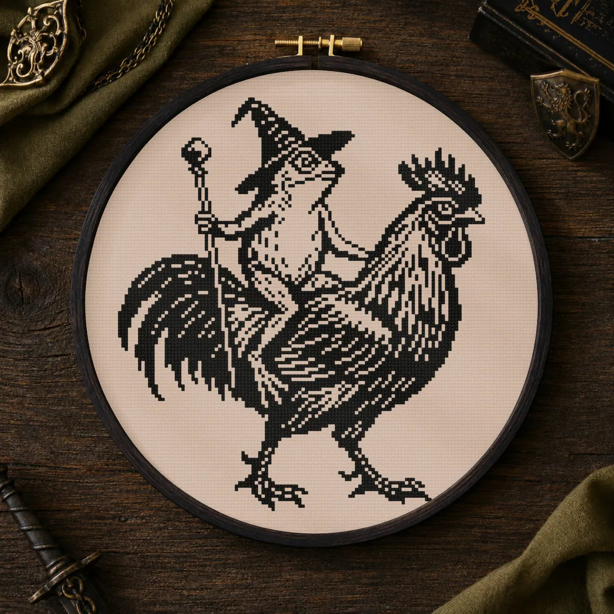 Stitch Jam Studio counted cross-stitch pattern: Medieval Frog Wizard - Gothic Rooster Rider