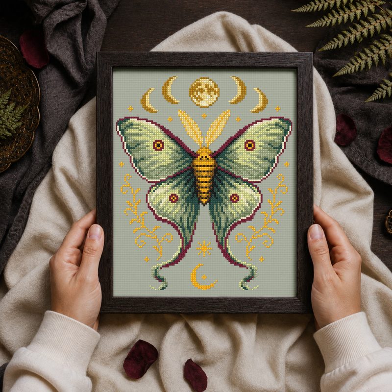 Moonspun Moth & Moon Phases — counted cross-stitch pattern by Stitch Jam Studio