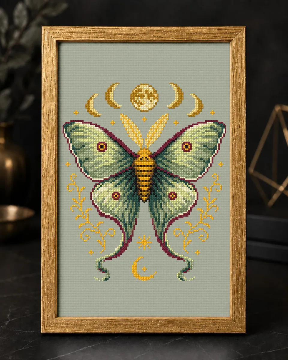 Moonspun Moth and Moon Phases — counted cross-stitch pattern by Stitch Jam Studio