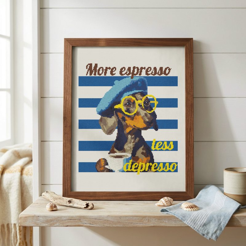 More Espresso, Less Depresso — Dachshund — counted cross-stitch pattern by Stitch Jam Studio