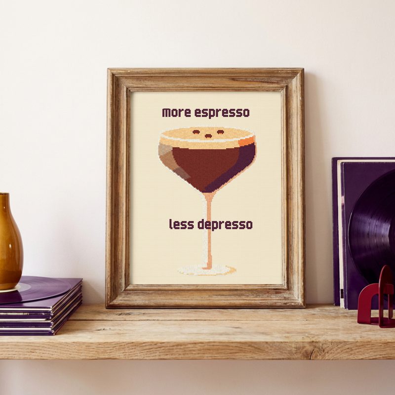 More Espresso, Less Depresso — counted cross-stitch pattern by Stitch Jam Studio