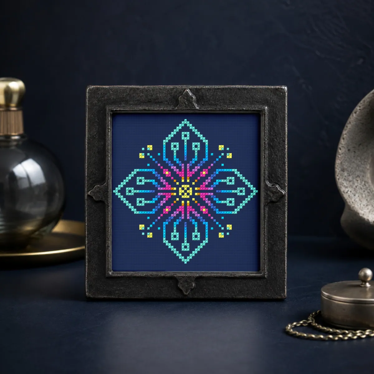 Neon Circuit Mini Pixel Bloom — counted cross-stitch pattern by Stitch Jam Studio