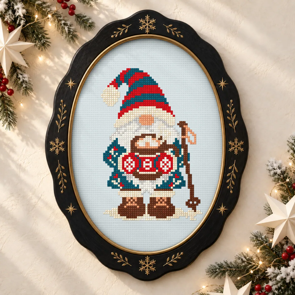 Stitch Jam Studio counted cross-stitch pattern: Nordic Winter Hiker Gnome & Cocoa