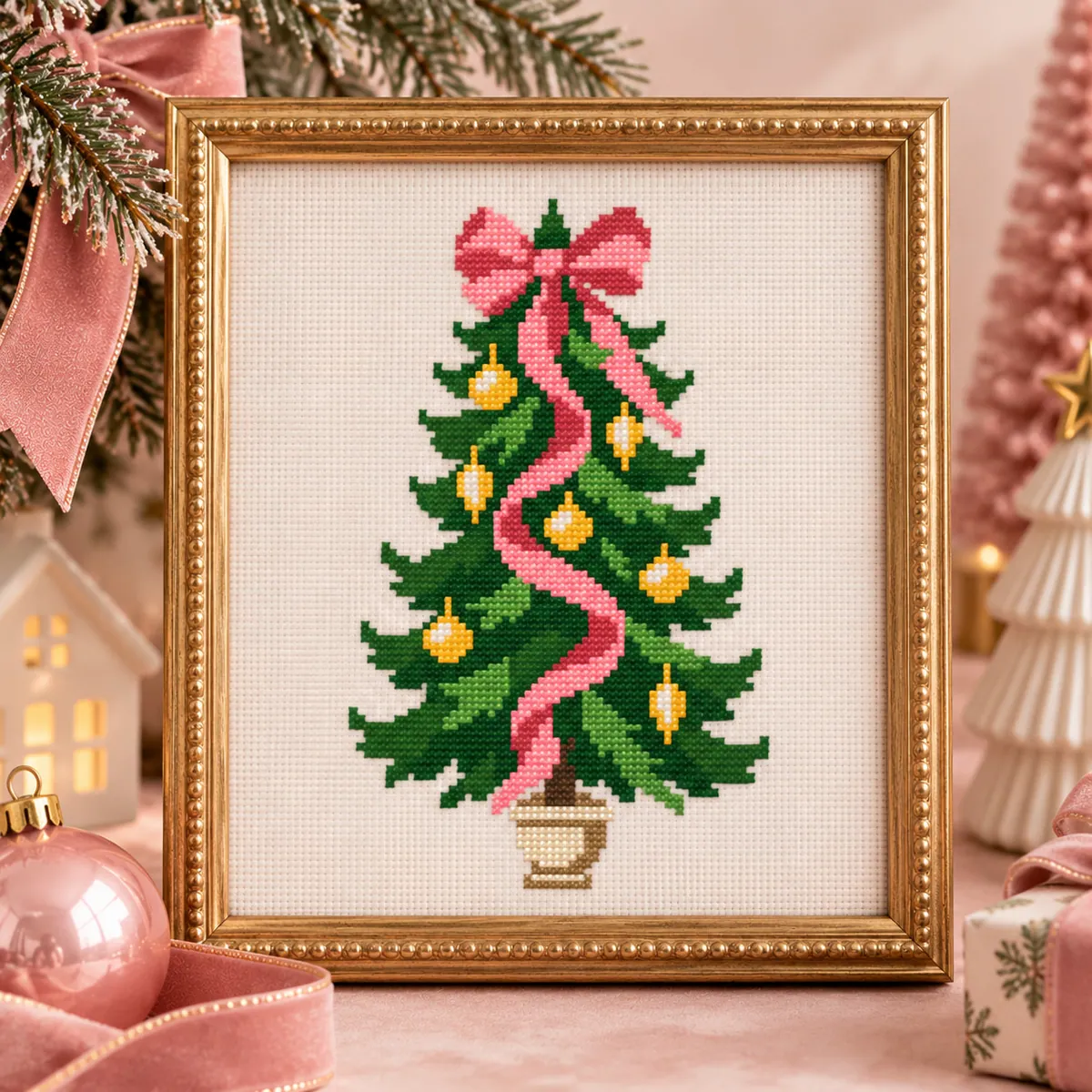 Stitch Jam Studio counted cross-stitch pattern: Pink Bow Christmas Tree