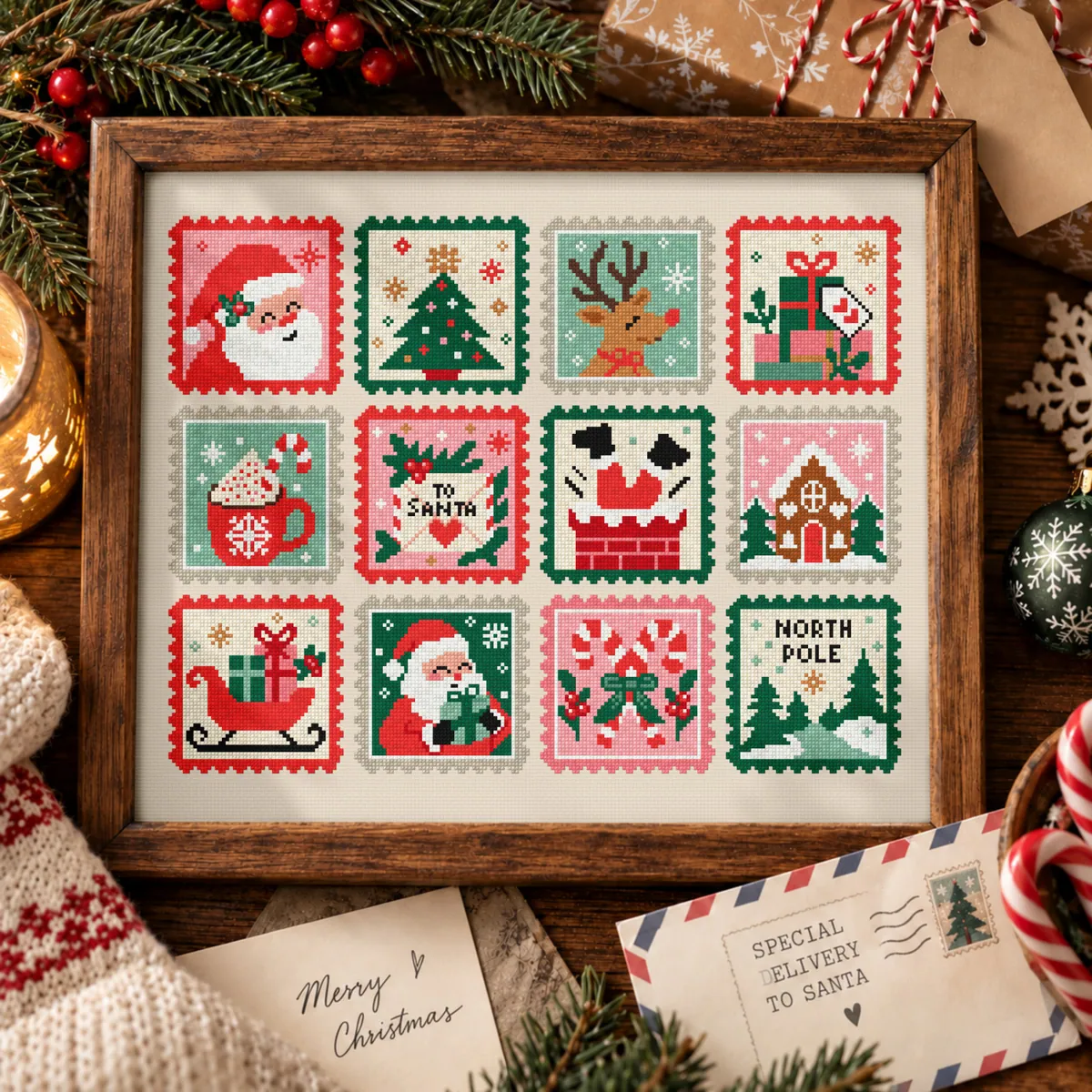 Stitch Jam Studio counted cross-stitch pattern: Retro Christmas Stamp Sampler