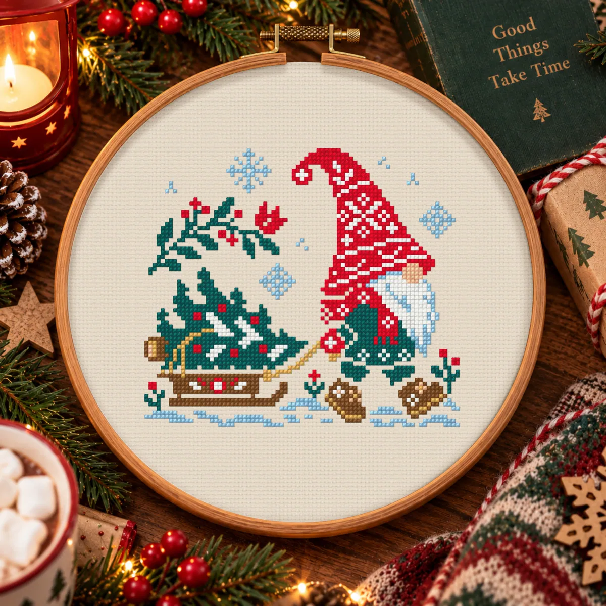 Stitch Jam Studio counted cross-stitch pattern: Scandinavian Gnome with Sleigh and Christmas Tree