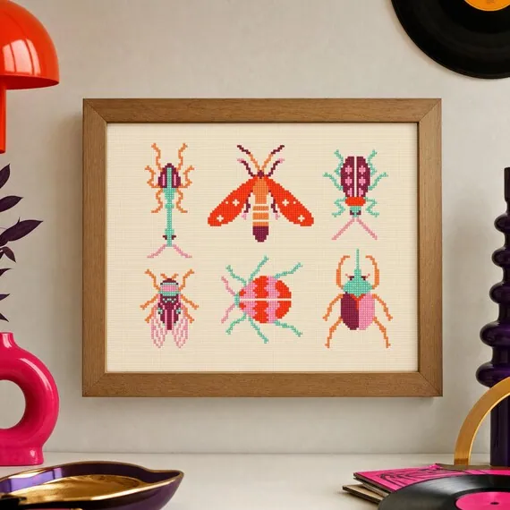 Stitch Jam Studio counted cross-stitch pattern: Six Stylized Insects and Beetles