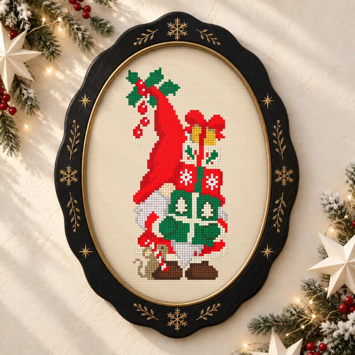 Stitch Jam Studio counted cross-stitch pattern: The Gift Stack Gnome