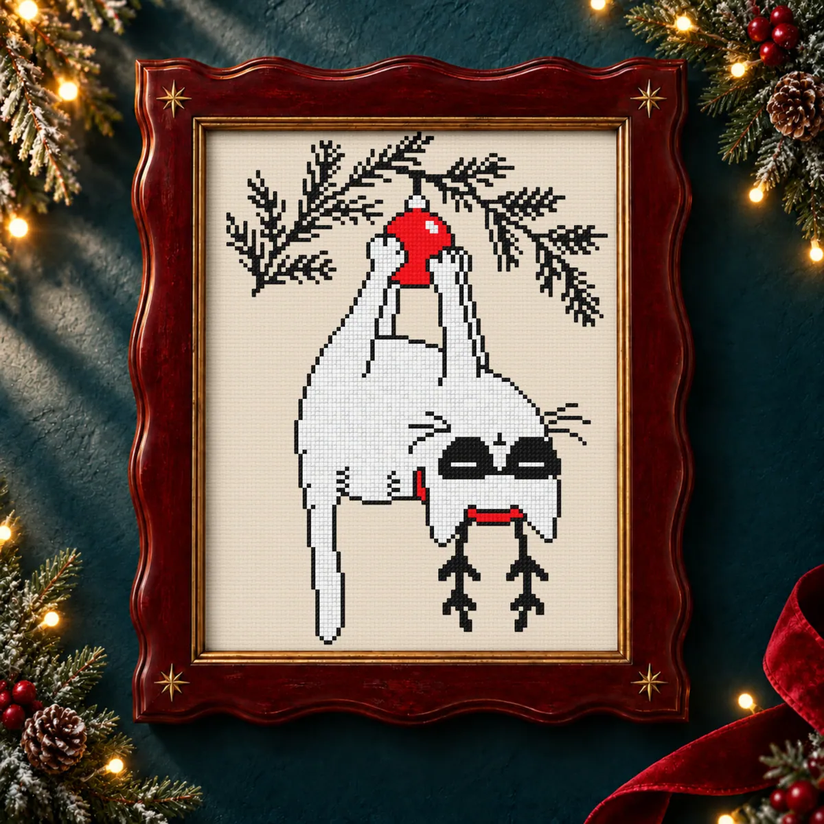 Stitch Jam Studio counted cross-stitch pattern: Upside-Down Christmas Cat
