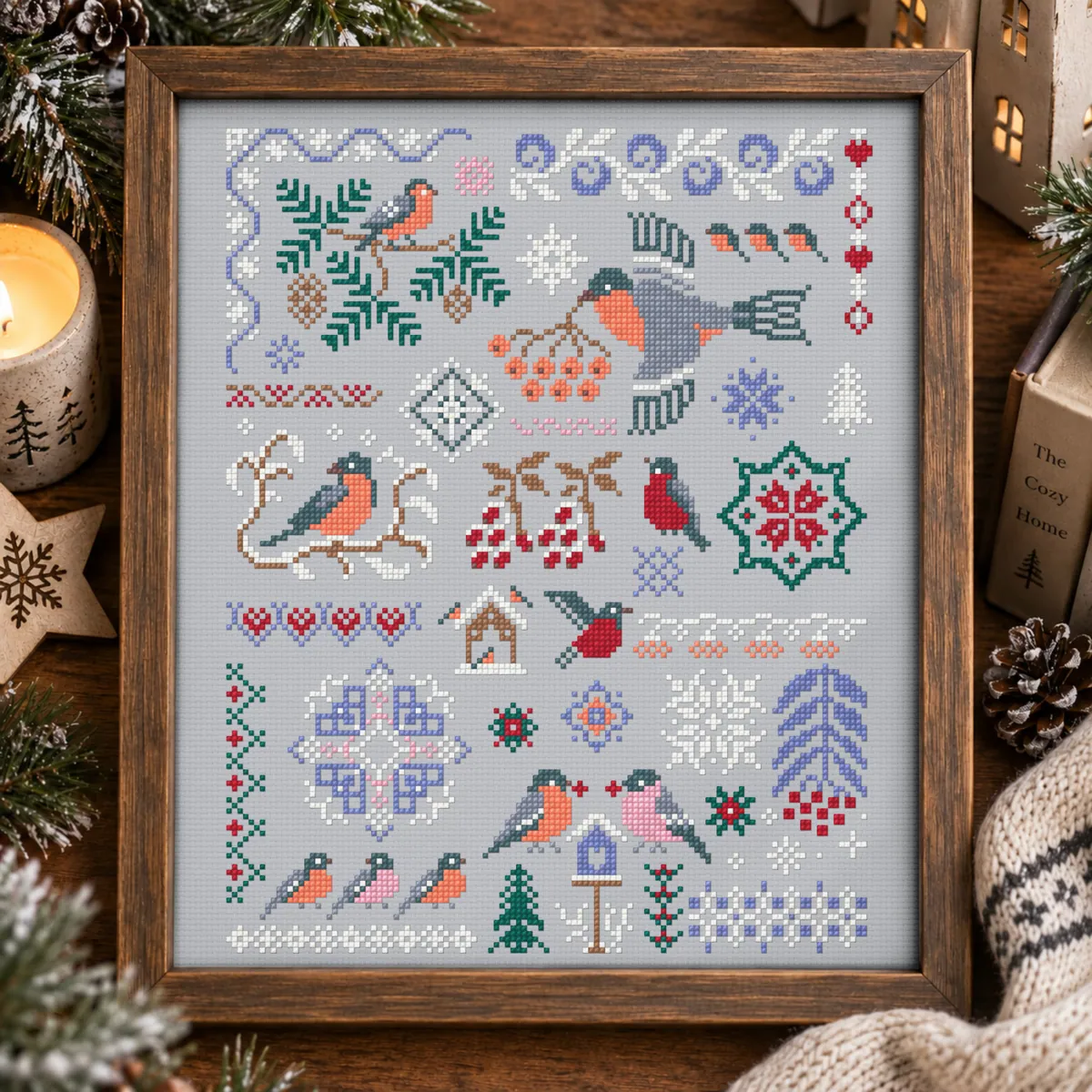 Stitch Jam Studio counted cross-stitch pattern: Winter Bullfinch Folk Sampler